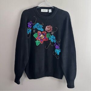 Margules Vintage Black Multicolor Floral Sequin Beaded Sweater Womens Medium